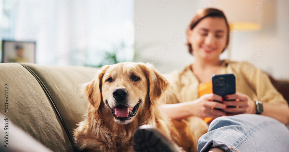 Happy, relax and woman with dog on sofa for bonding, love and chill together in living room. Home, pet and person with Golden Retriever on smartphone for chat, social media and internet on weekend