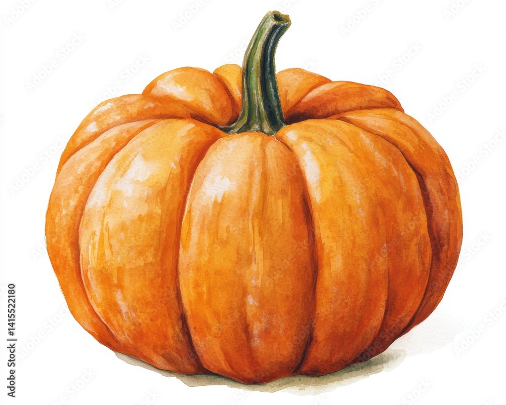 Obraz premium A watercolor illustration of a ripe orange pumpkin, embodying the spirit of a fall harvest gourd, is shown in isolation on the background