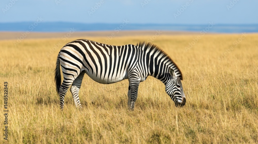 Fototapeta premium Zebra grazing in a golden savanna landscape.