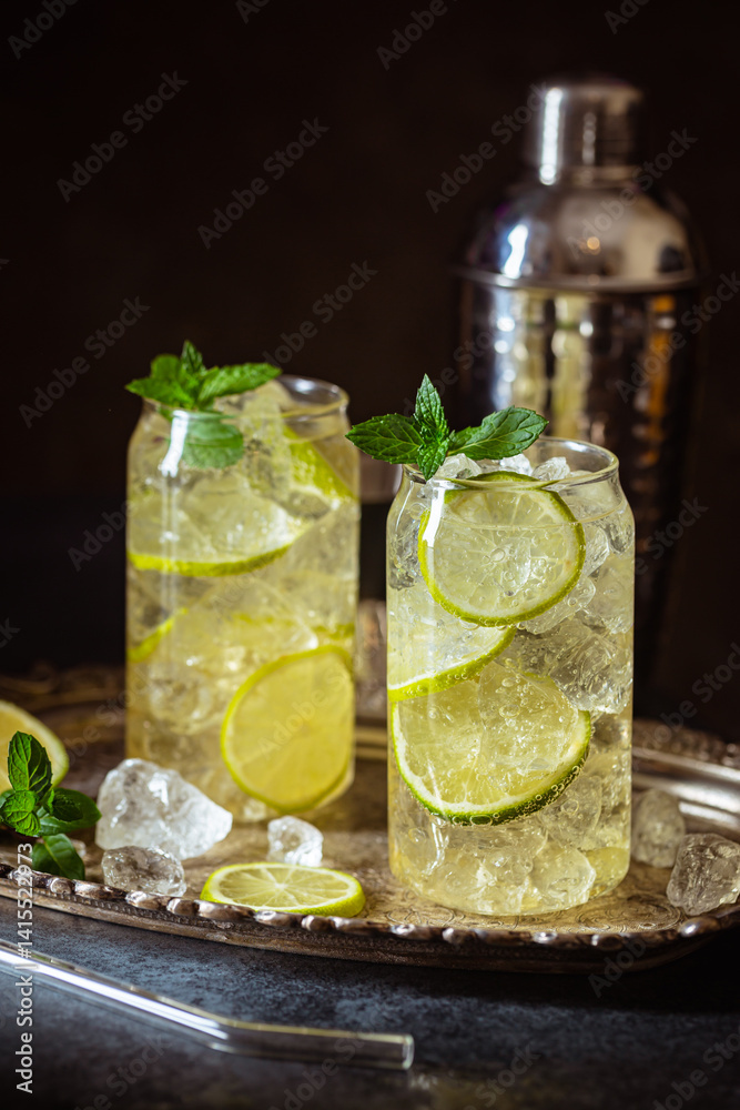 Summer drink green Iced tea with lemon slices and mint on dark background
