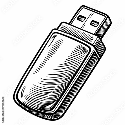 Vintage USB Flash Drive Sketch Illustration in Black and White