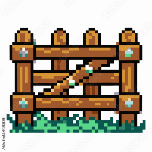 Pixel Art Wooden Fence with Grass 8 Bit Style  Illustration