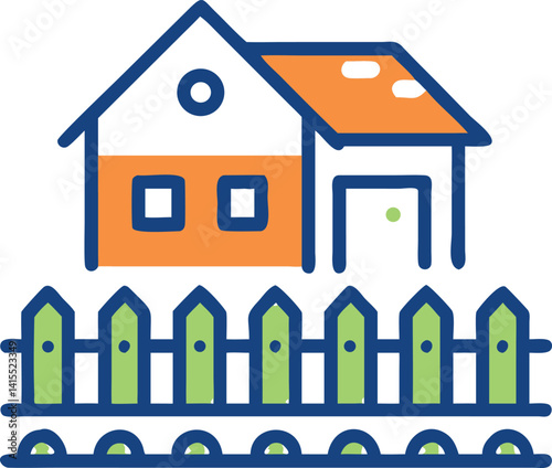 Home Icon with Fence and Orange Accents on Transparent Background