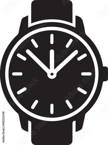 A black and white image of a watch with the hands on the face
