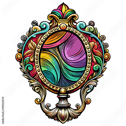 Colorful Vintage Oval Frame with Abstract Swirls and Floral Patterns