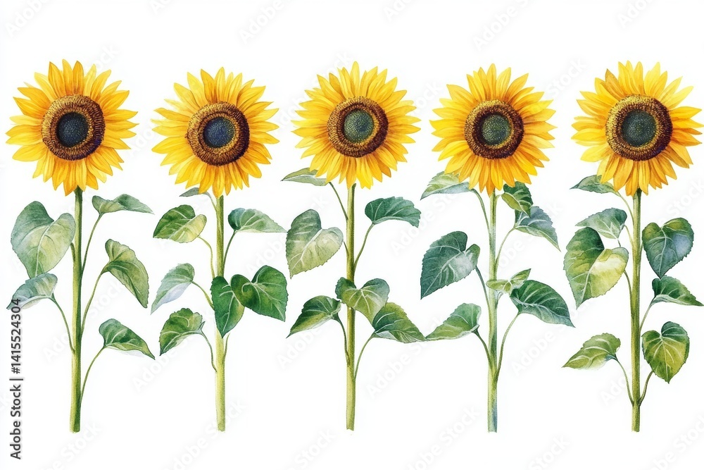 Fototapeta premium The sunflower watercolor collection features hand-drawn yellow flowers accompanied by green leaves, set against an isolated Summer background