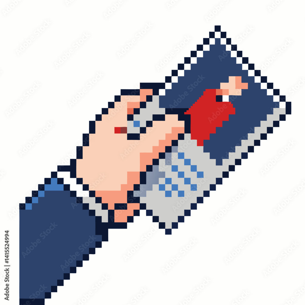 Fototapeta premium Retro Pixel Art Hand Holding Smartphone with Photo Display