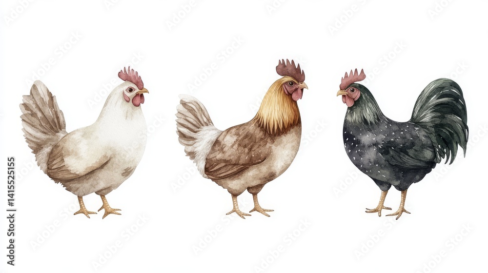 Fototapeta premium Vibrant hand-painted watercolor images of Roosters on a white background are ideal for farmhouse decor and nature-themed designs