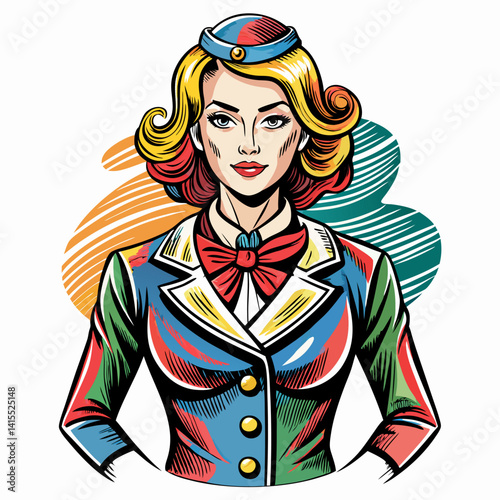 Vintage Pop Art Style Airline Stewardess Portrait in Vibrant Colors
