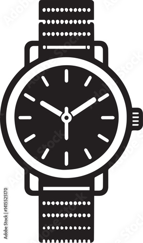 A black and white image of a watch with the hands on the face
