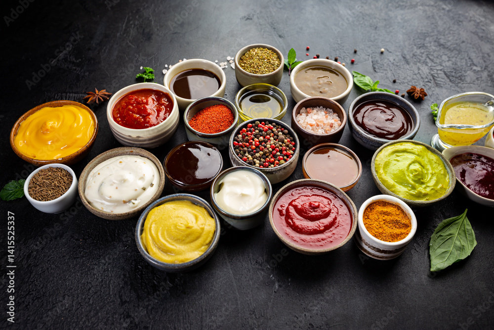 Set of different bowls of various dip sauces, on dark background, top view