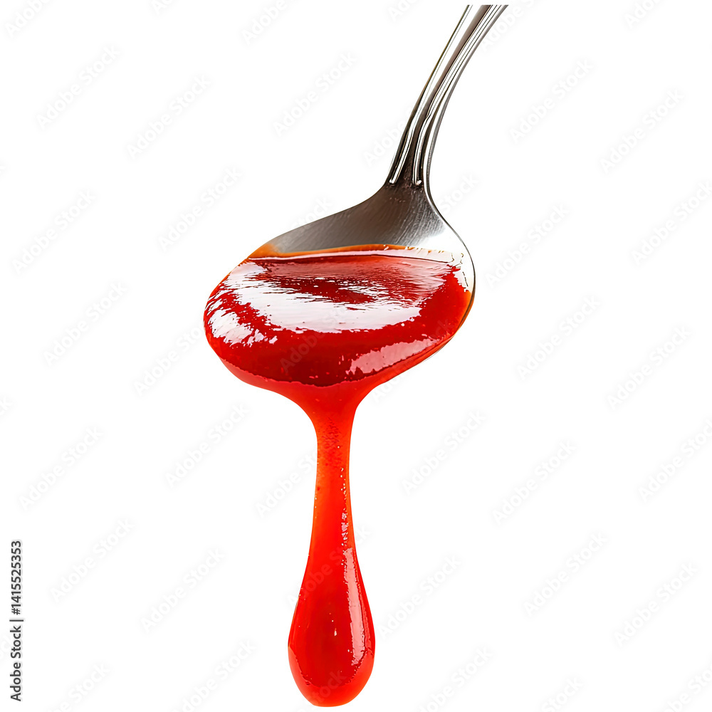 tomato or ketchup sauce flowing down from spoon isolated on transparent white background, clipping path