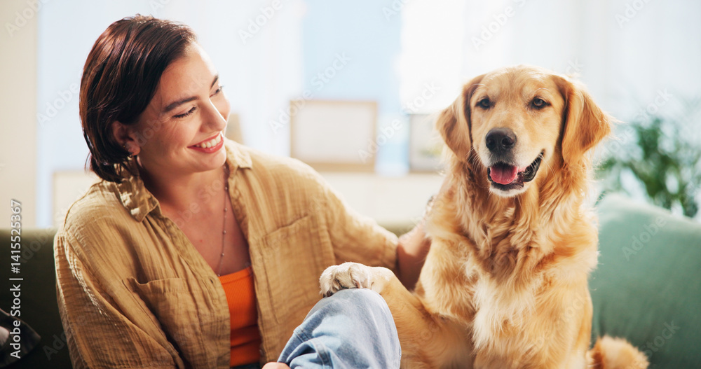 Dog, woman and play with paw on sofa in home, relax and care with bonding, happy and trust in living room. Person, pet and golden retriever with touch, training and loyalty with love at apartment