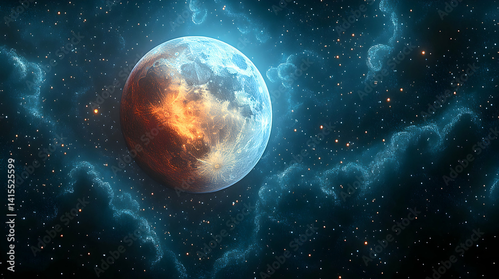 Obraz premium Celestial moon, vibrant clouds, stars