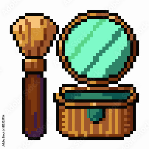 Pixel Art Makeup Set with Mirror and Brush Retro Gaming Style Illustration