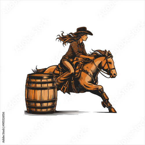 A cowgirl riding a horse in a barrel racing competition. Color line art vector.  