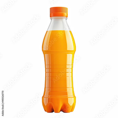 Plastic bottle of orange soft drink with transparent PET body and bright orange liquid, ideal for packaging, advertising, or product display, isolated on transparent background. photo