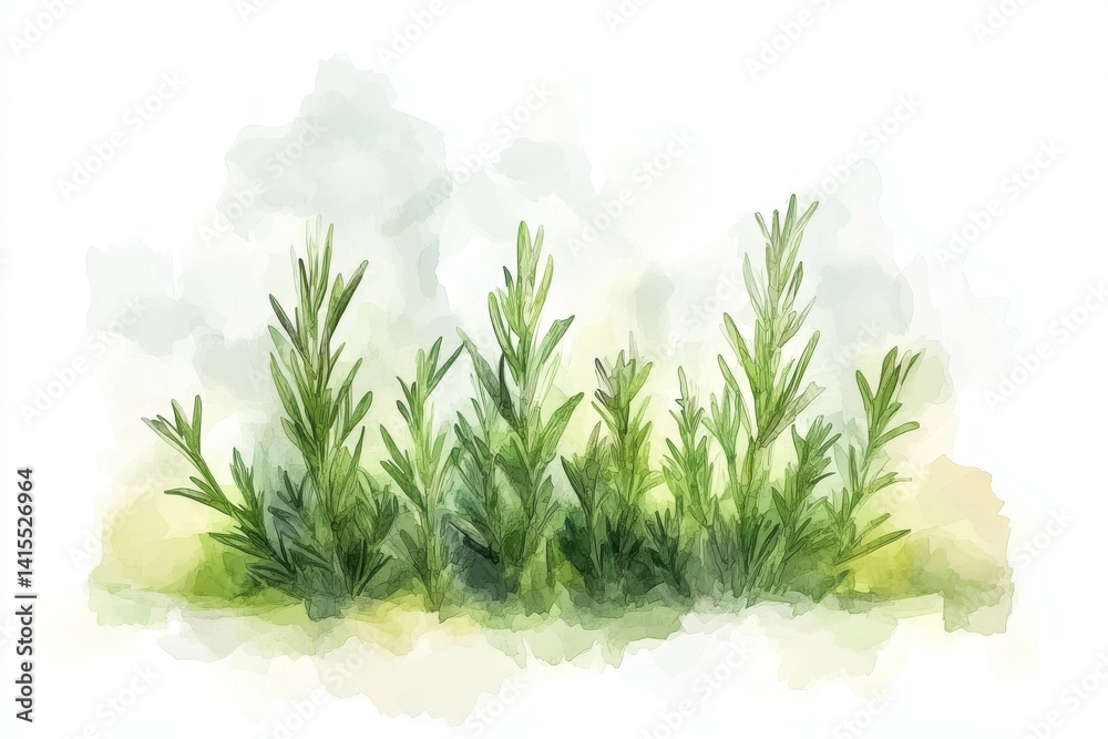 Fototapeta premium A hand-drawn watercolor illustration of rosemary, showcasing green branches on a white background, is intended for design applications