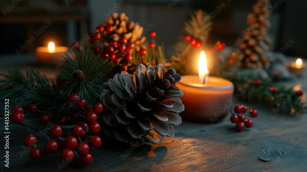Brightly lit candles on a rustic wooden table adorned with pinecones, berries, and garland. Celebratory Christmas decoration. Brightly lit candles on a rustic wooden table adorned with pinecones, berries, and garland. Celebratory Christmas decoration.