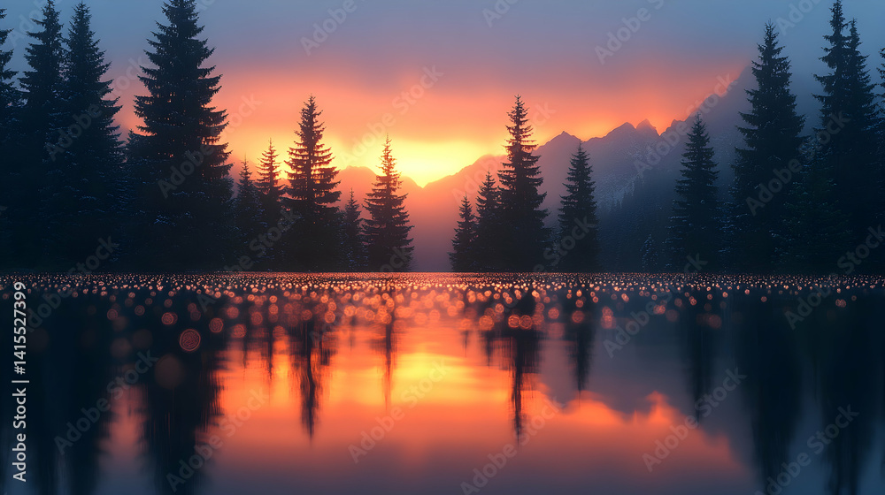 Fototapeta premium Majestic pine silhouettes mirror in lake at sunset Mountains in distance under a sky painted with vivid hues of pink an
