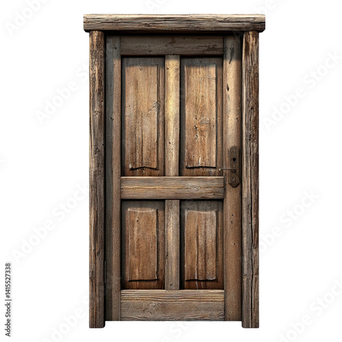 Vintage wooden door with rustic charm, featuring detailed panels and a classic knob, white isolate background.