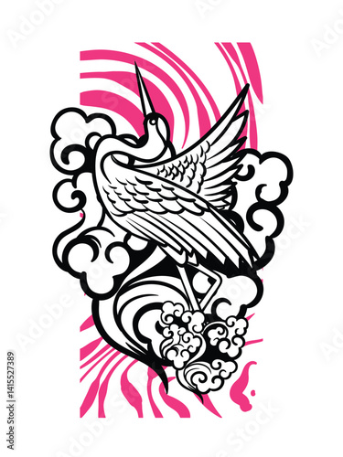 crane illustration design for sukajan is mean japan traditional cloth or t-shirt with digital hand drawn Embroidery Men T-shirts Summer Casual Short Sleeve Hip Hop T Shirt Streetwear 