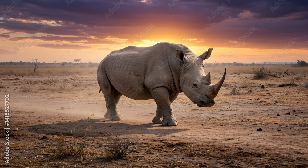 Fototapeta premium A majestic rhinoceros strides across the savanna at sunset, a stunning African landscape.