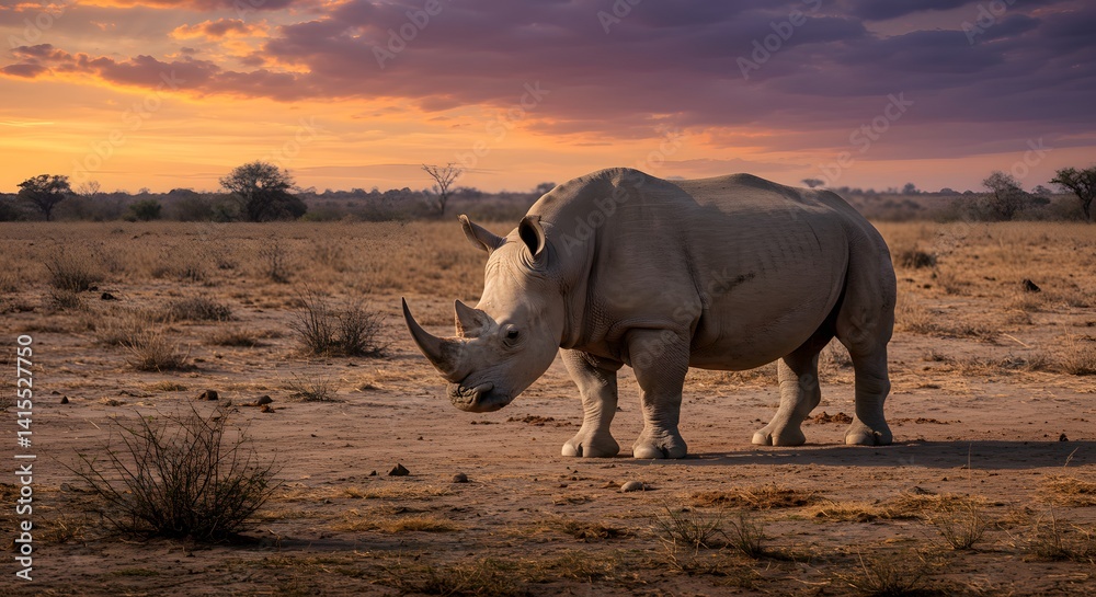 Fototapeta premium A white rhino in its natural habitat, illuminated by the warm glow of sunset.