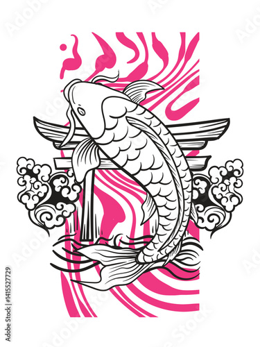 koi fish illustration design for sukajan is mean japan traditional cloth or t-shirt with digital hand drawn Embroidery Men T-shirts Summer Casual Short Sleeve Hip Hop T Shirt Streetwear