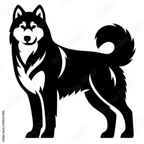 Majestic Malamute Portrait: A striking black and white portrait of a malamute dog, showcasing its robust physique, thick fur, and alert expression. A timeless image embodying loyalty, strength.