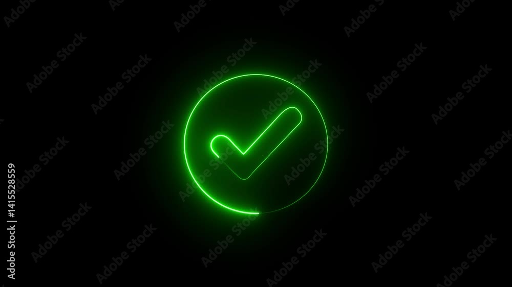 checkmark inside a circle animated. glowing neon line check mark icon glowing neon tik mark icon on the black background.