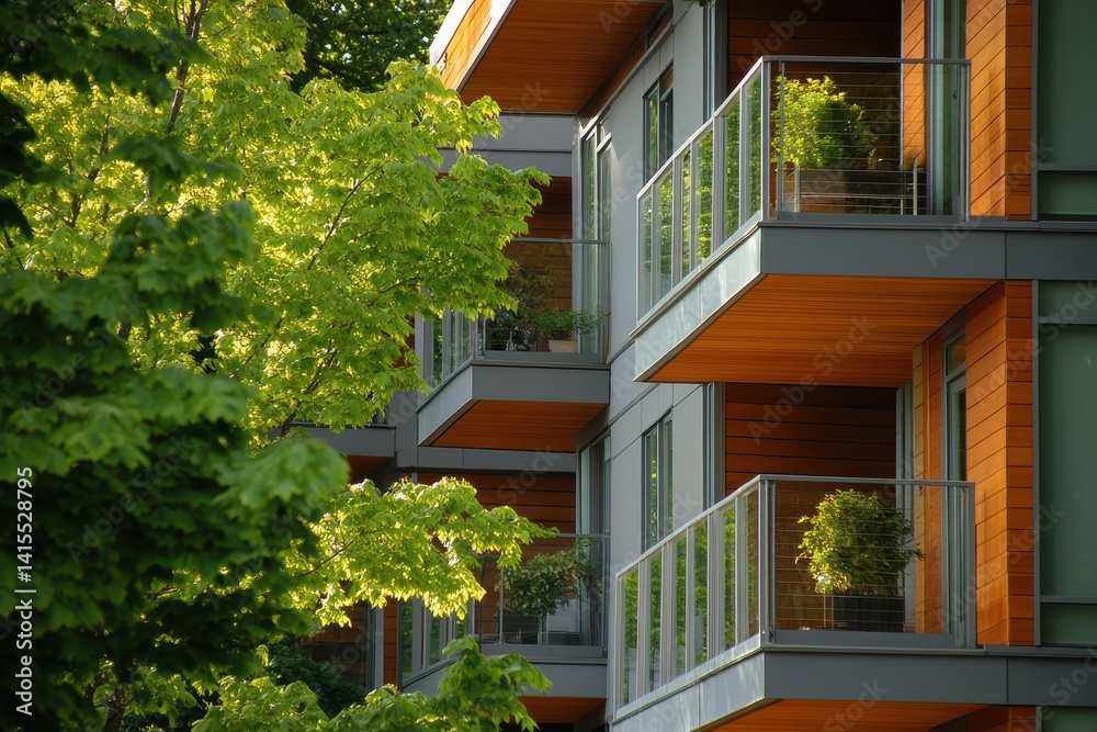 Fototapeta premium Modern Riverfront Condominiums in Vancouver, Washington State: Stylish Architecture Surrounded by Nature and Trees