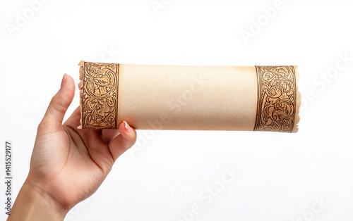 A Hand Holding a Rosh Hashanah Scroll Isolated on white background. Isolated on white background. Isolated on white background.