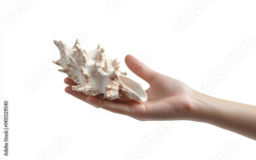 A Hand Holding a Traditional Conch Shell Isolated on white background. Isolated on white background. Isolated on white background.