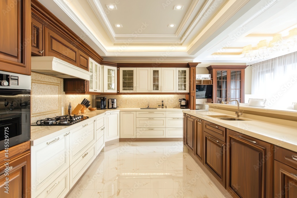 Fototapeta premium Stunning Spacious Kitchen with White and Brown Cabinets, Luxurious Details, and High-End Appliances in a Bright Apartment