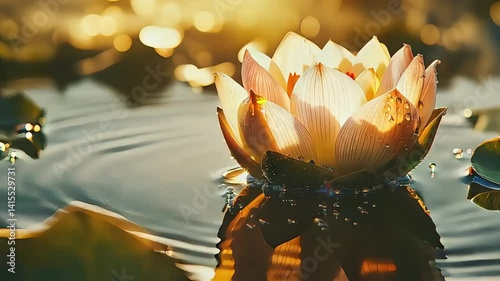 Graceful lotus blossom basking in the serene light, a tranquil water garden