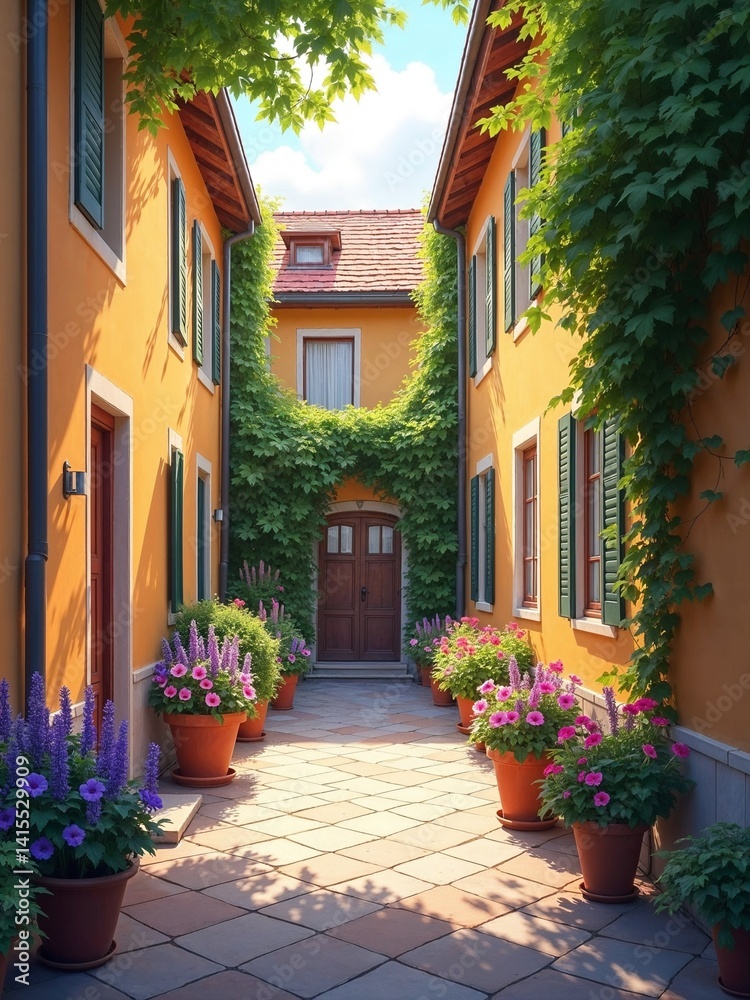 Fototapeta premium Spring courtyard with potted flowers and ivy on warm walls