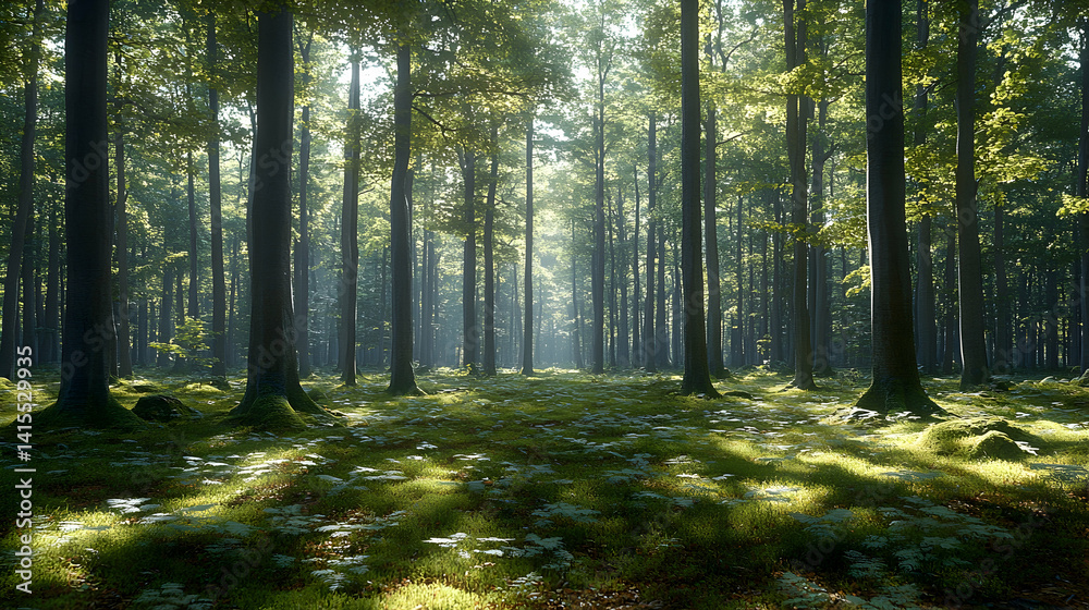 Naklejka premium Sun dappled forest floor dark trees rising to canopy in a clearing