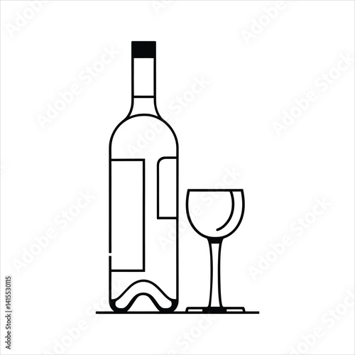 Wine Bottle and Glass Line Art Illustration