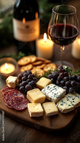 Italian cheeses board and red wine glass close up shot candle lit