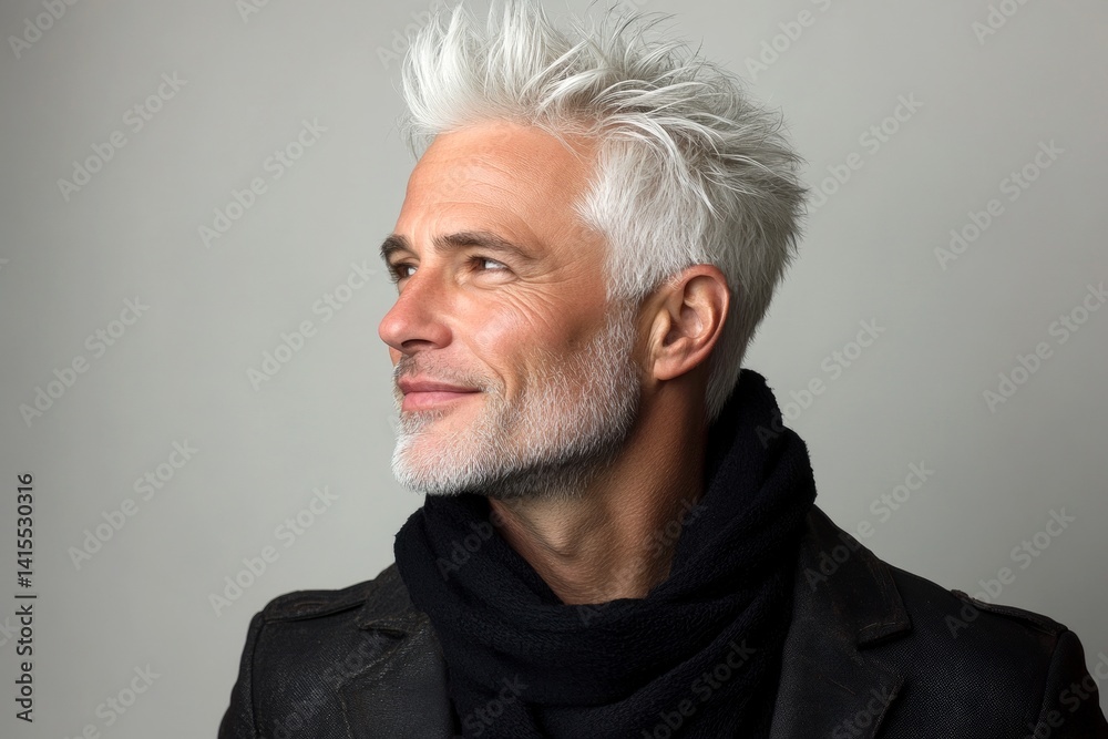 Obraz premium A stylish and confident man with a poised stance. Idea of style for aging men. Modish men's high and tight haircut - midlife white man with white hair. Pure white solid background.