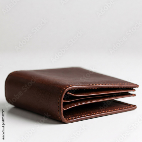 Brown leather wallet on a white background, close-up, selective focus