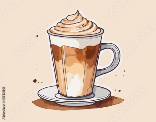 PNG Hand-drawn illustration coffee cup latte watercolor beverage.