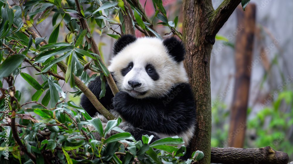 The image features a panda cub sitting in a tree, with its black and white fur and large, black, round eyes clearly visible