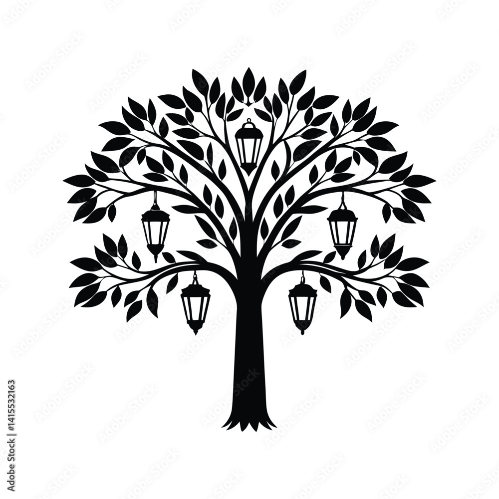 Obraz premium Tree with lanterns icon silhouette vector with white background