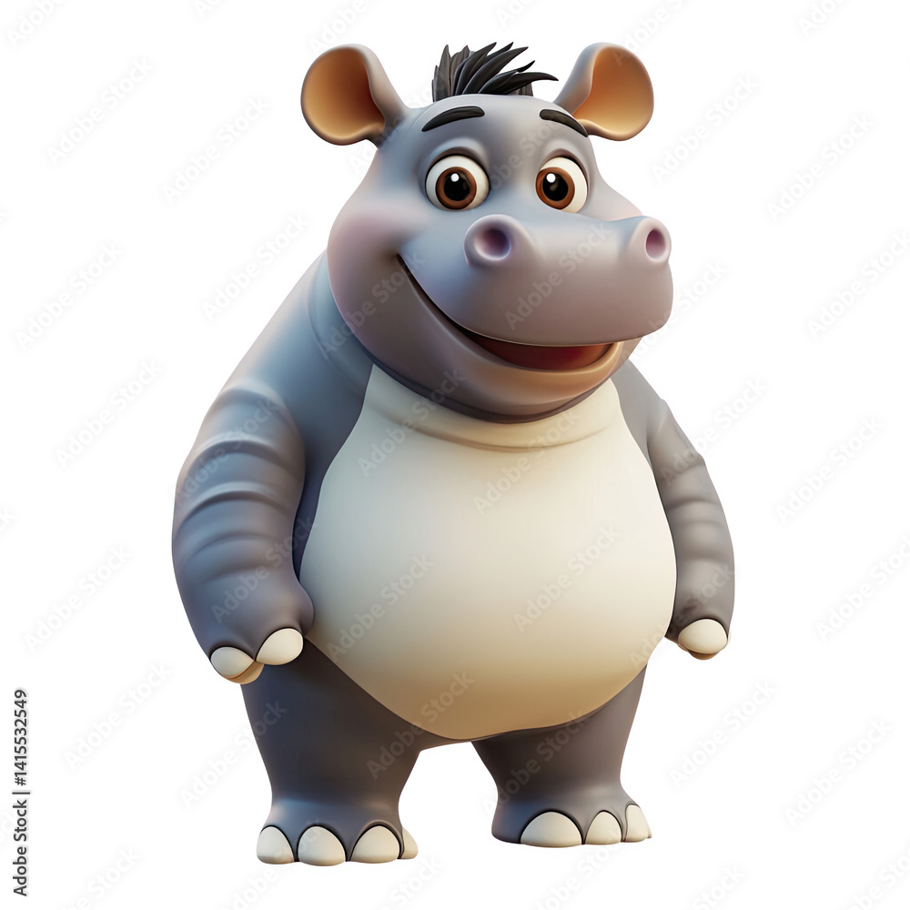 Naklejka premium Adorable 3D Rendered Cartoon Hippopotamus with Transparent Background
