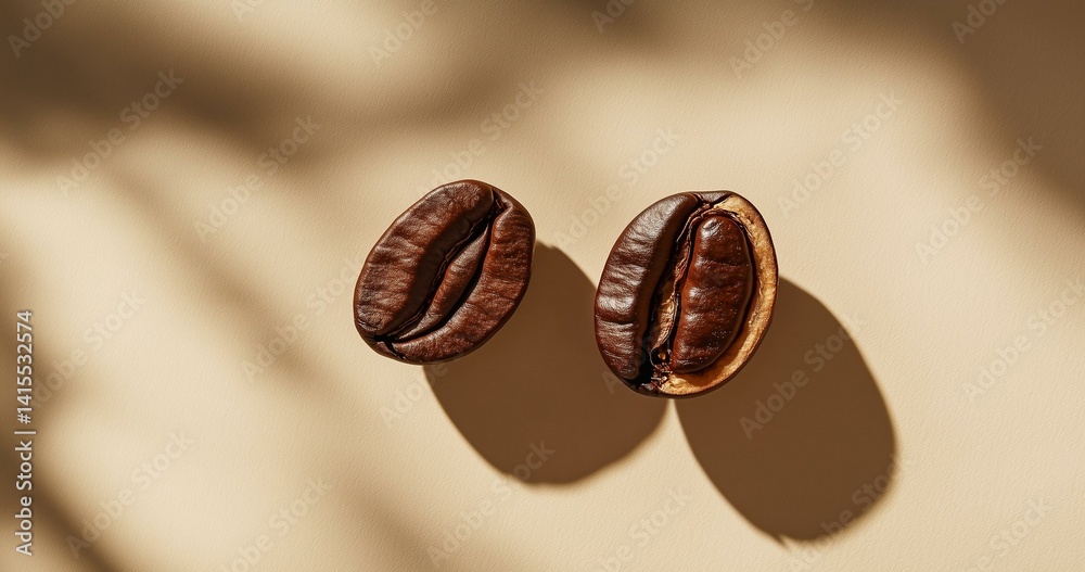 Overhead view of backdrop representing halves of dark brown coffee beans with pleasant scent