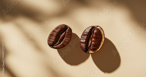 Obraz na płótnie Overhead view of backdrop representing halves of dark brown coffee beans with pleasant scent w salonie