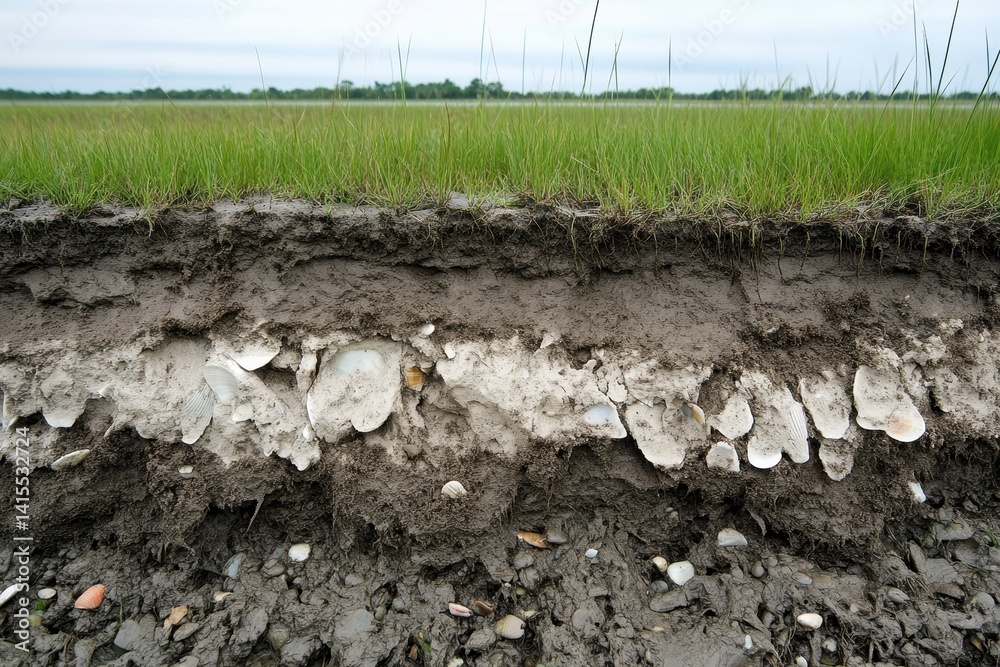 Obraz premium Detailed Soil Profile of a Tidal Marsh: Layers of Clay and Shell Fragments from Erosion and Accretion in a Creek Cutbank