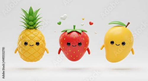 A delightful illustration of three charming fruit characters with happy faces and floating hearts.
